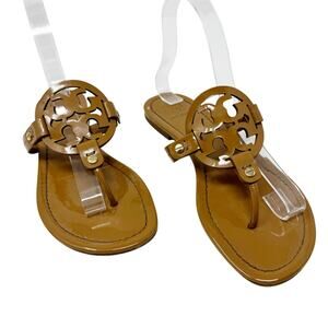 TORY BURCH Tan Caramel Patent Leather Miller Classic Designer Logo Sandals 7.5